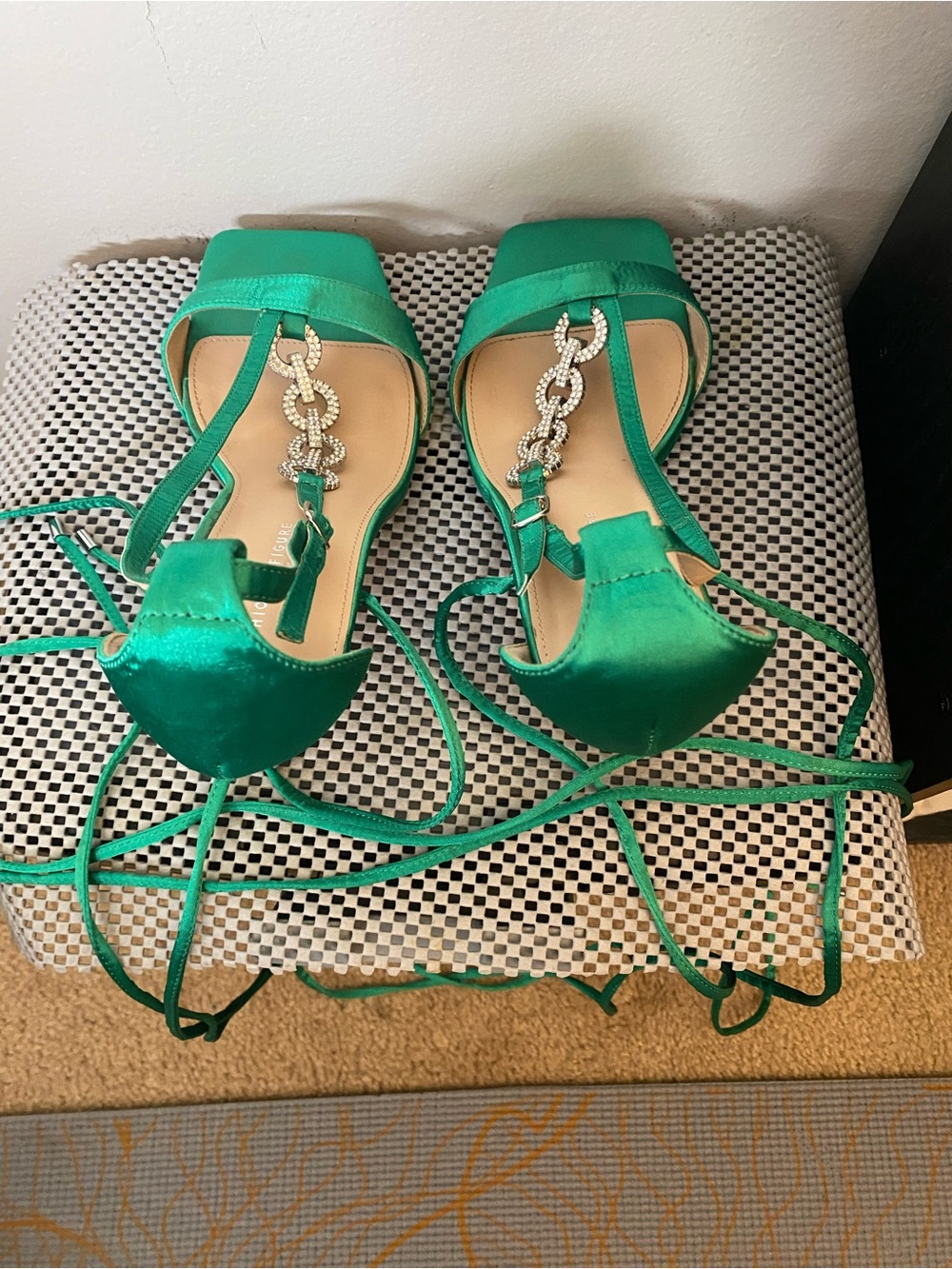 Fashion to Figure Emerald Satin T-Strap Lace-Up Heels with Crystal Chain